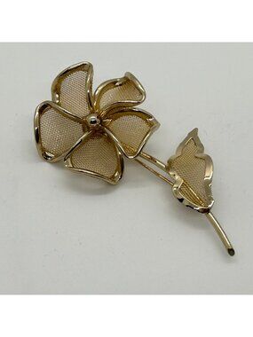 Vintage Gold Tone Mesh Flower Brooch Pin Floral Retro 1980s Costume Estate Jewel